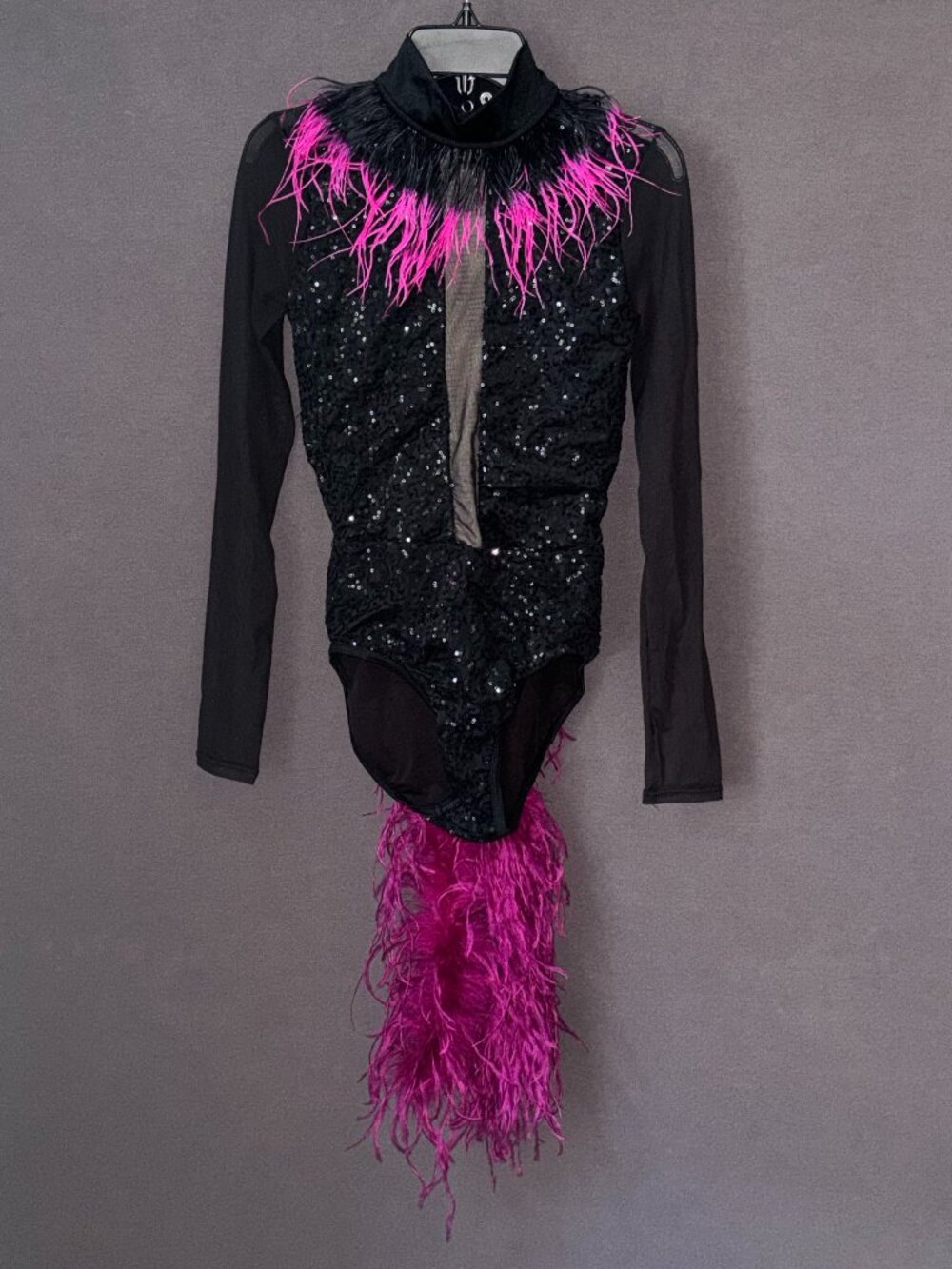 Weissman Black Sequin Mock Neck Leotard Pink Ostrich Feather Dance Costume XSA